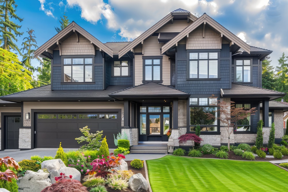 Grey Beige Large Nice Luxury House With Beautiful Landscaping On A Sunny Day ,brand New Luxury Residential House With Big Garage For Cars. Family House With Concrete Driveway And Green Lawn In Front